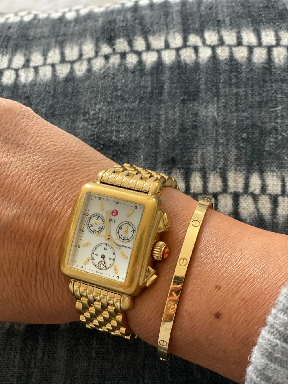 Michele Gold-Tone Square Chronograph with White Dial and Red Logo